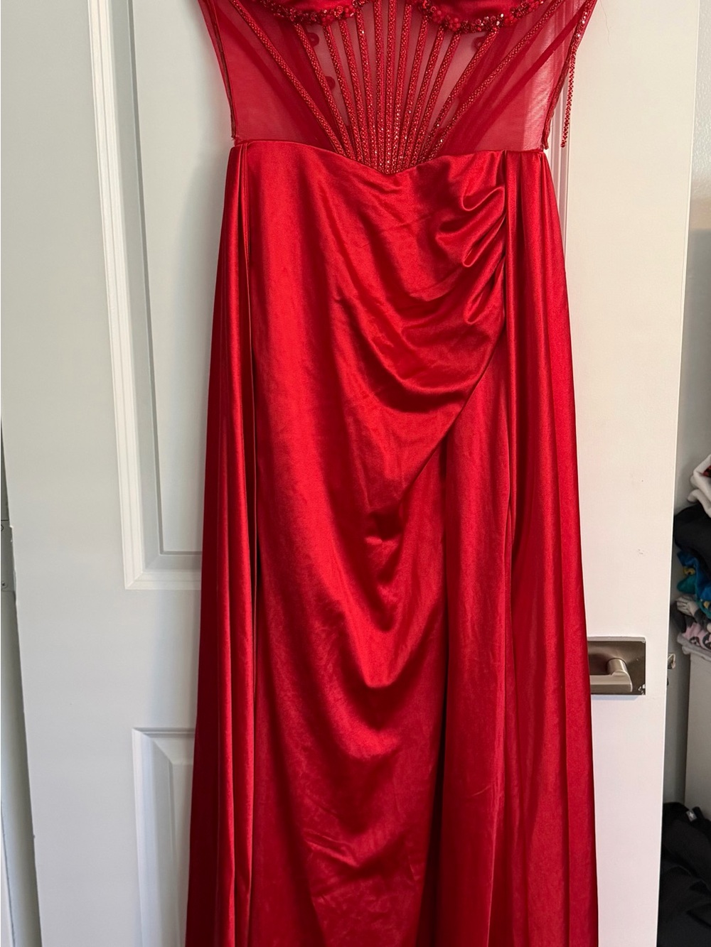 Dancing Queen Red Sheer Beaded Prom Dress